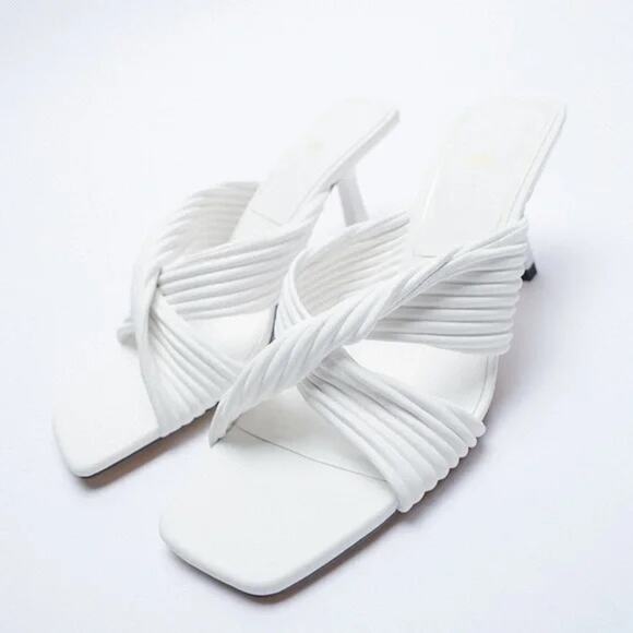 ZARA White Pleated Crossover Strap Heeled Mules Sandals Size 8.5 - Picture 8 of 8